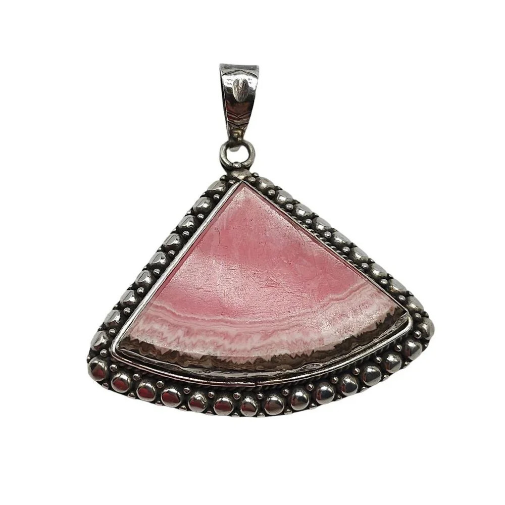 Sterling Silver Pink Rhodochrosite Triangular Pendant 2.5 Inch
